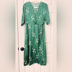 SOLD/ LV Jacquard Satin Silk Chic Green Floral Midi Dress (Brand Outlet)